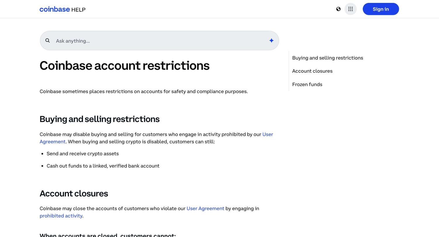 help.coinbase.com — Coinbase account restrictions
